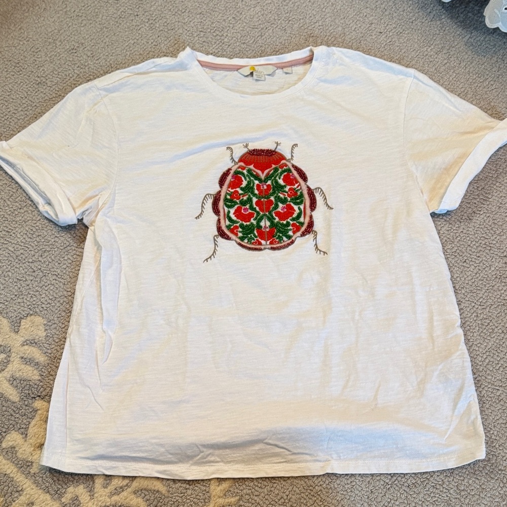 White T-Shirt with Colorful Beaded and Embroidered Bug